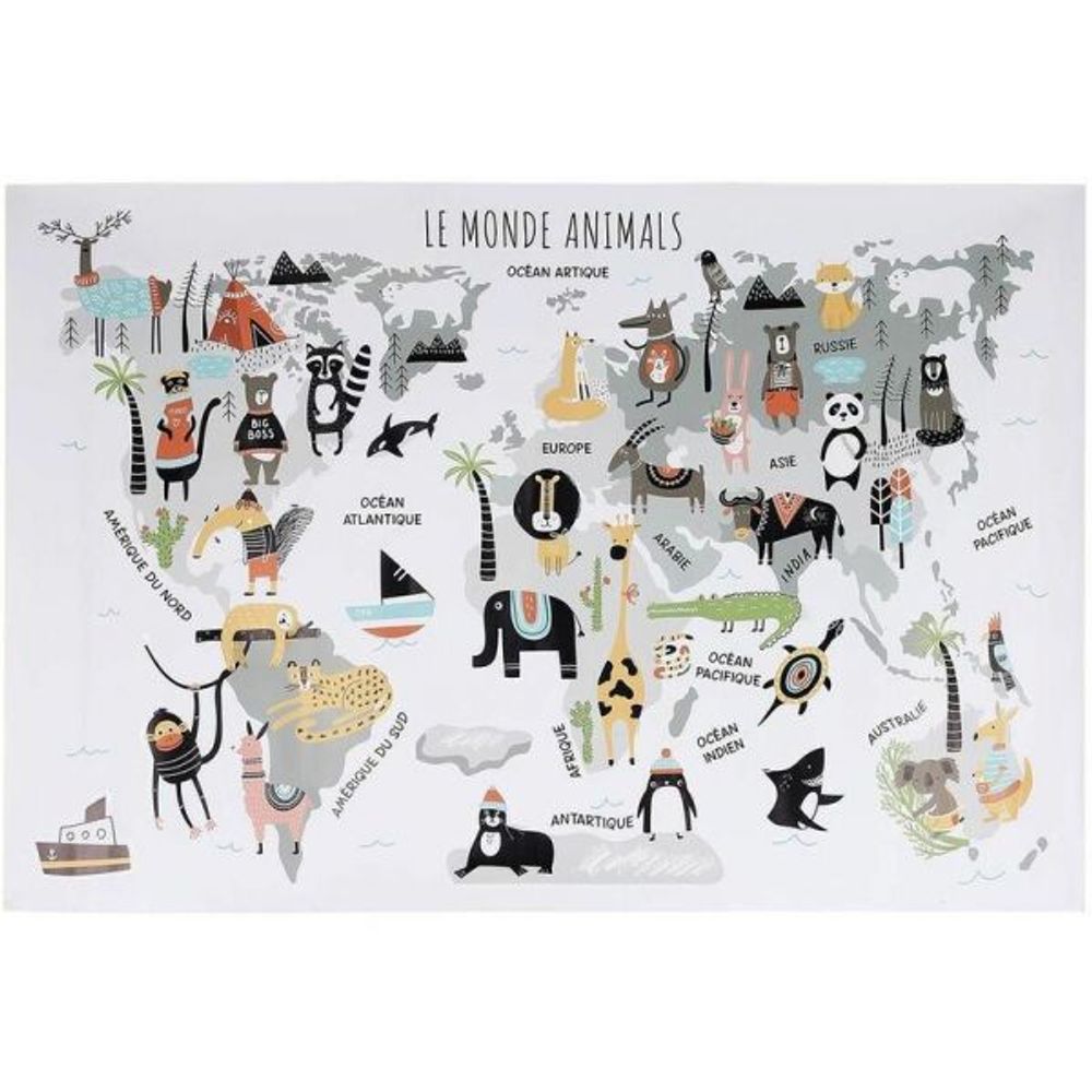 Sticker mural mappemonde 90x60 cm continents gris