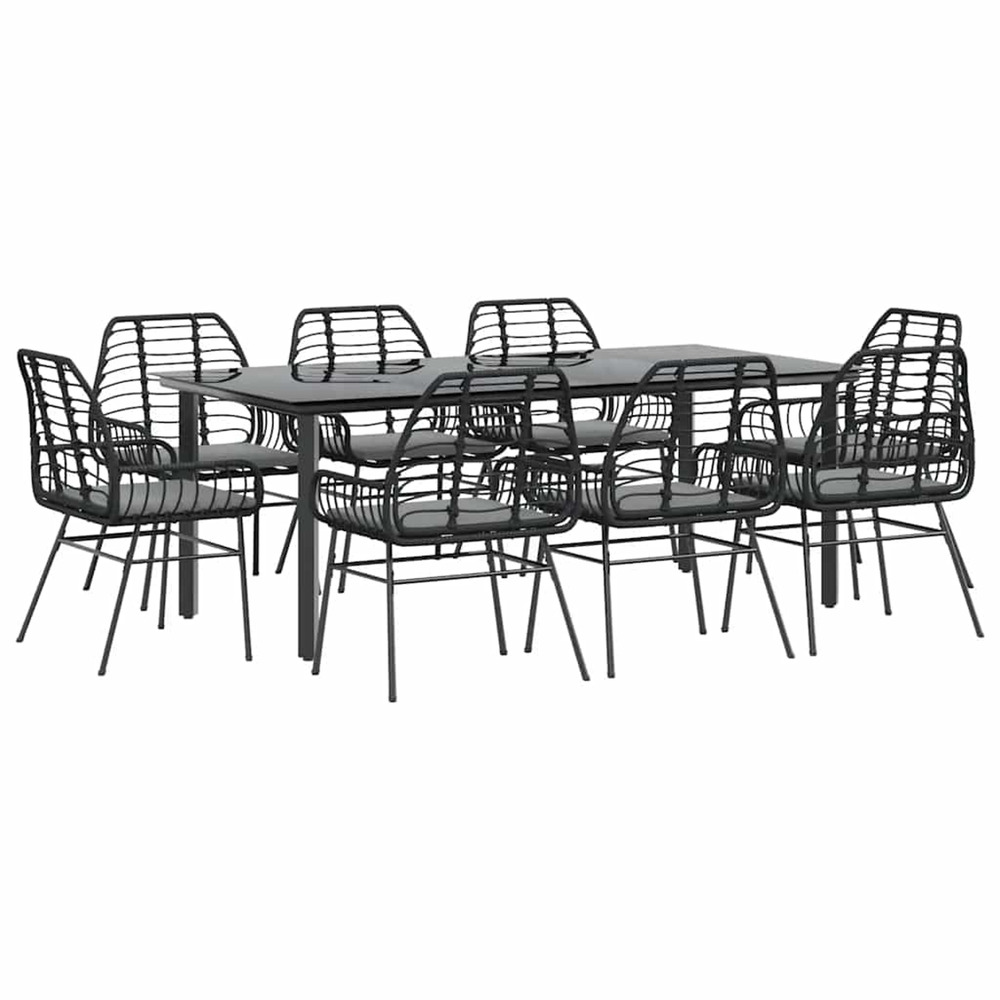 Ensemble à manger de jardin coussins 9pcs noir poly rotin verre