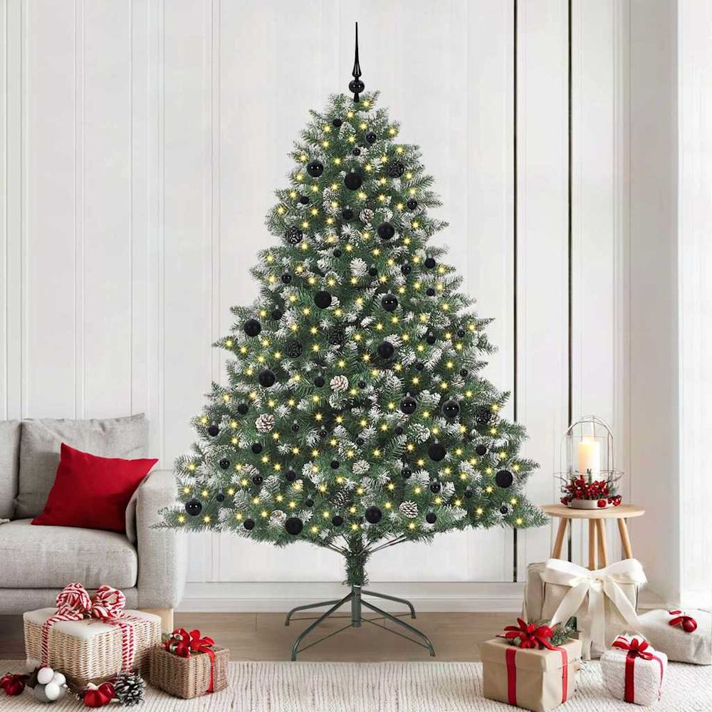Grand arbre de noël artificiel 210 cm, kit complet pour fêtes avec lumières et boules