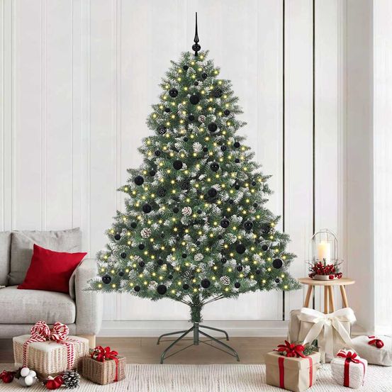 Grand arbre de noël artificiel 210 cm, kit complet pour fêtes avec lumières et boules