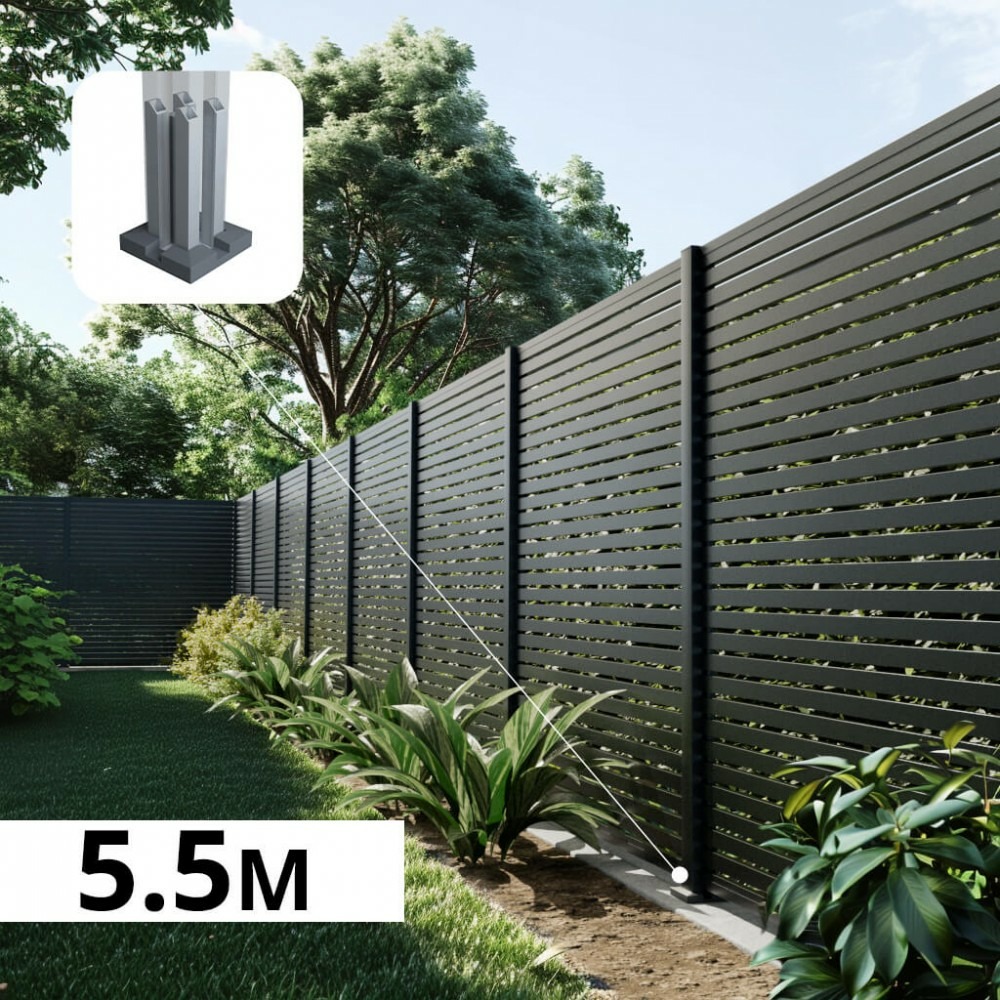 Kit clôture ajourée aluminium olinda anthracite 5,5x1,8m poteaux sur platines - dimension des lames : 21x45x1780 mm