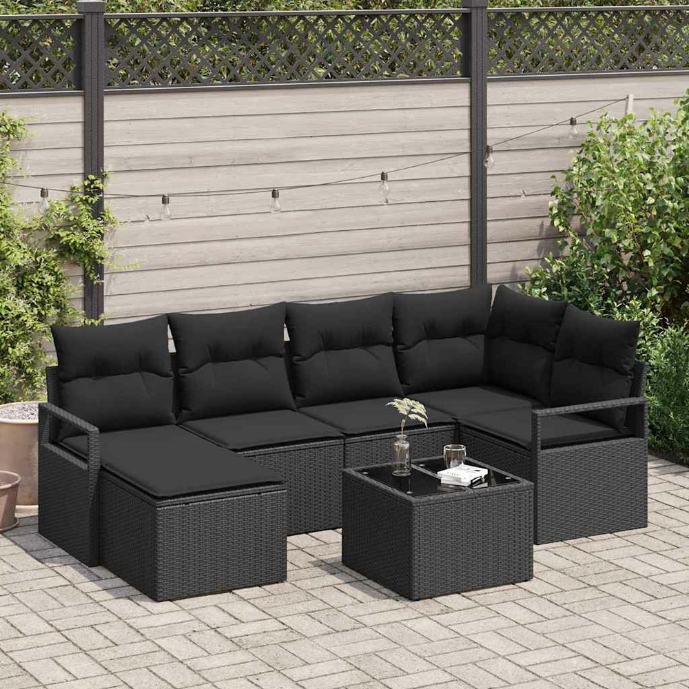 Ensemble de canapés avec coussin 7 pcs noir polyrotin