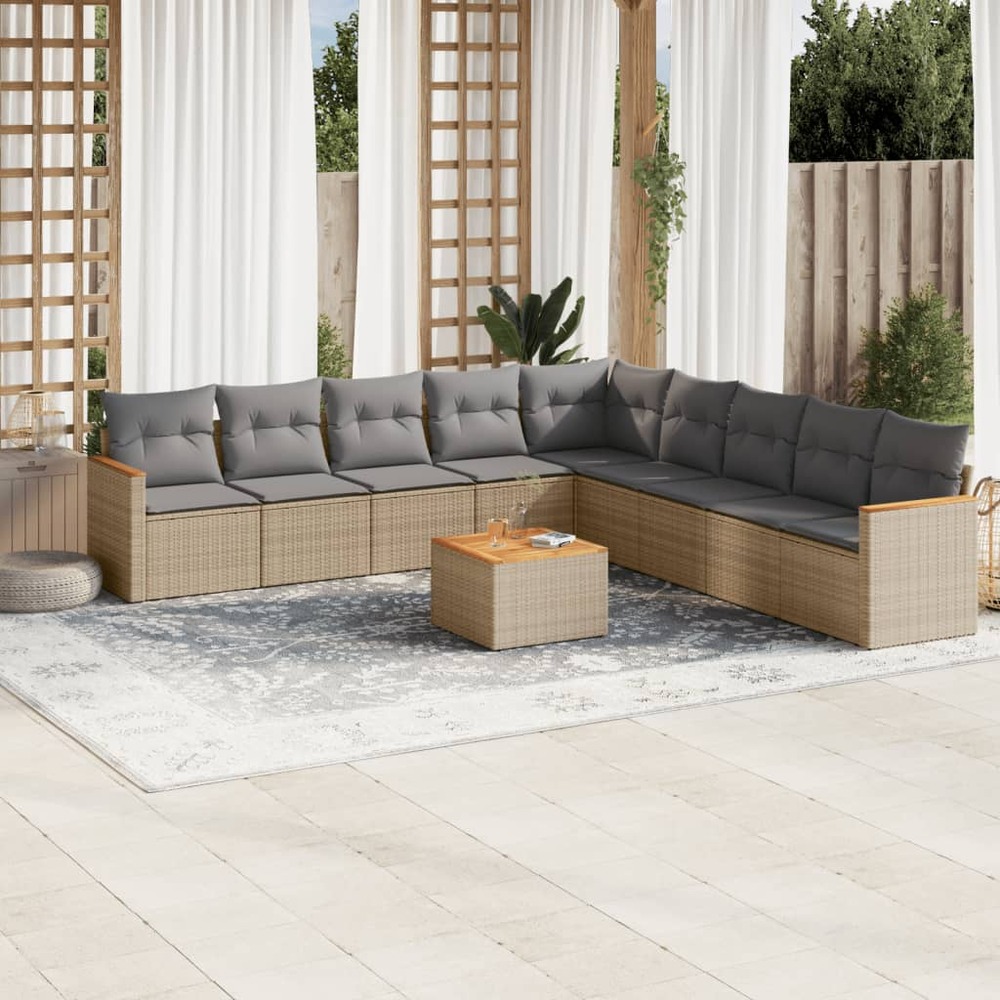 Salon de jardin avec coussins 10 pcs beige résine tressée