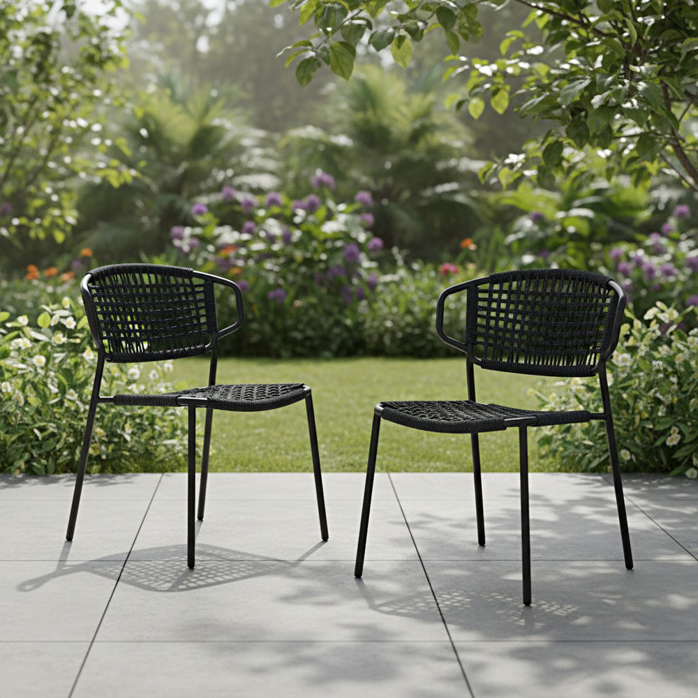 Chaises en métal et corde noir, flores (lot de 2)
