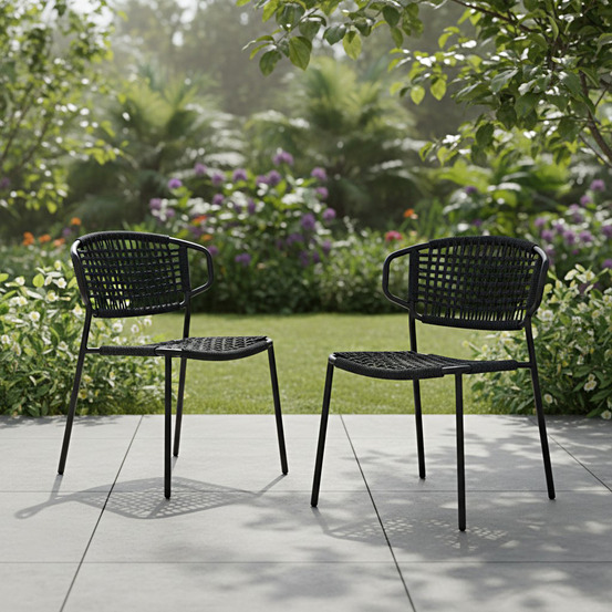 Chaises en métal et corde noir, flores (lot de 2)