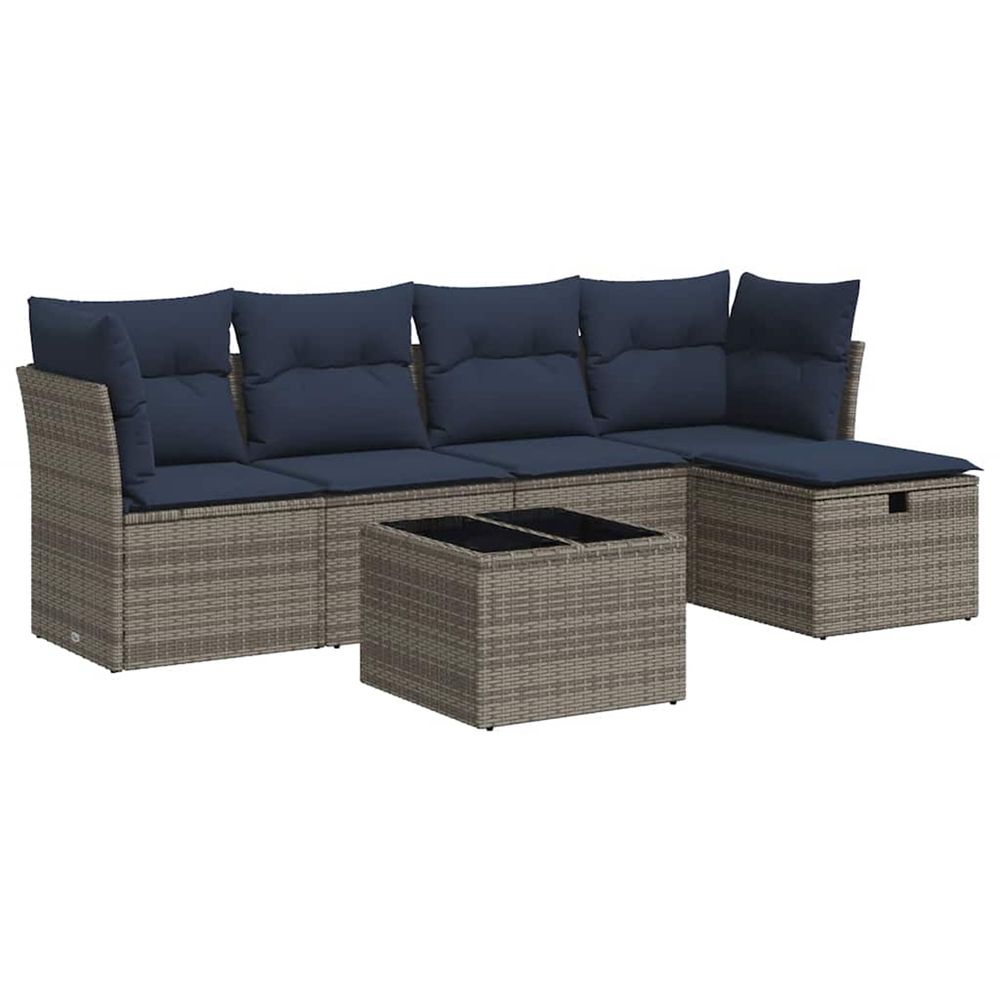 Salon de jardin 6 pcs avec coussins gris résine tressée