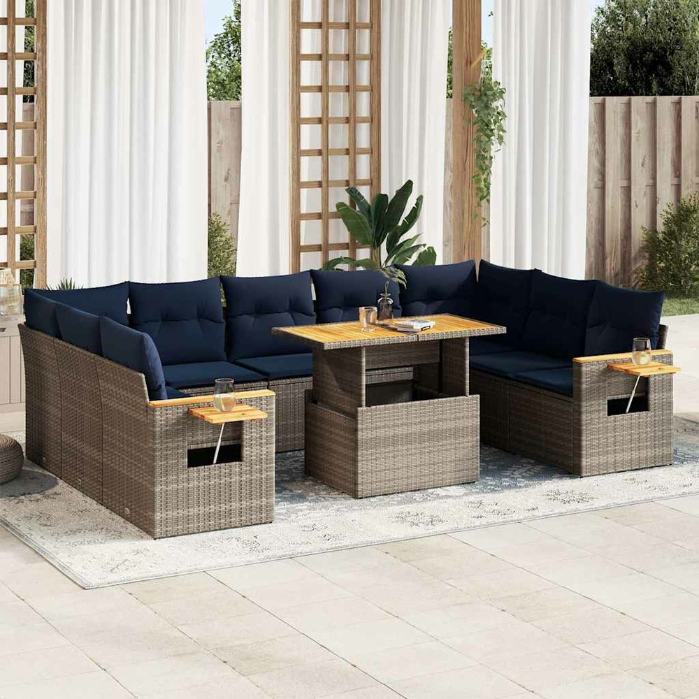 Salon de jardin avec coussins 10 pcs gris résine tressée acacia