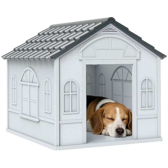 Niche chien extérieur plastique pp cottage toit incliné 65x75x63cm blanc gris