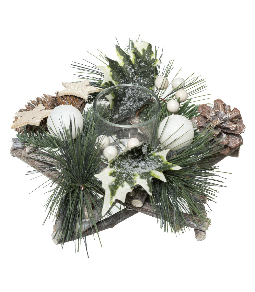 Bougeoir centre de table etoile en bois décoré noël & photophore en verre