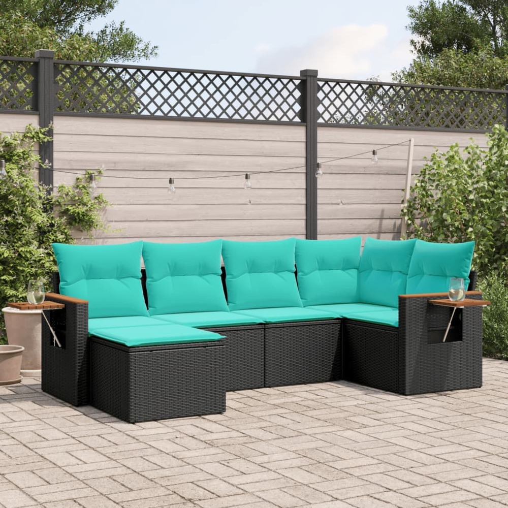 Salon de jardin 6 pcs avec coussins noir résine tressée