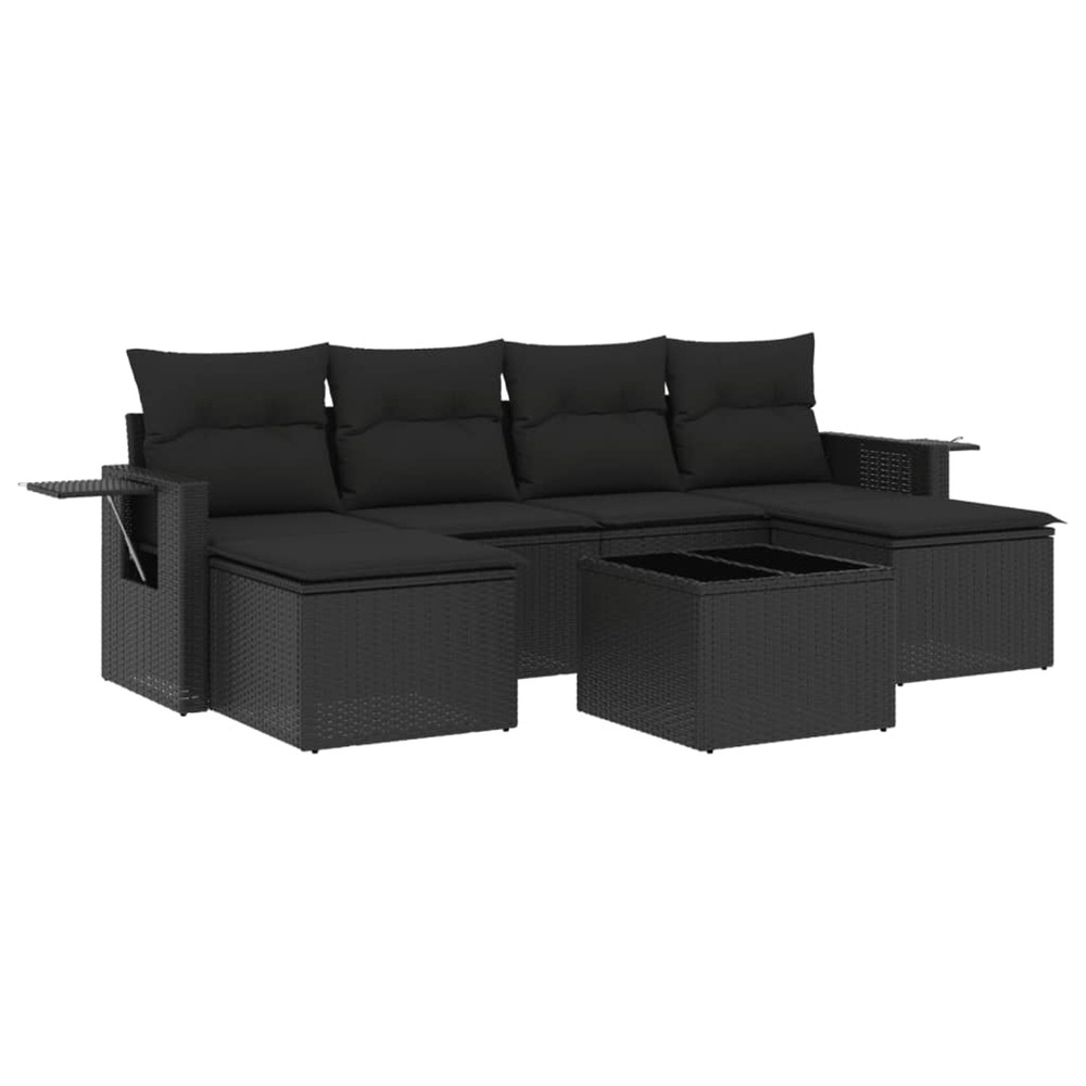 Salon de jardin 7 pcs avec coussins noir résine tressée
