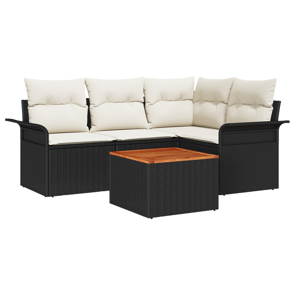 Ensemble de canapé de jardin 5 pièces avec coussins noir poly rattan acacia
