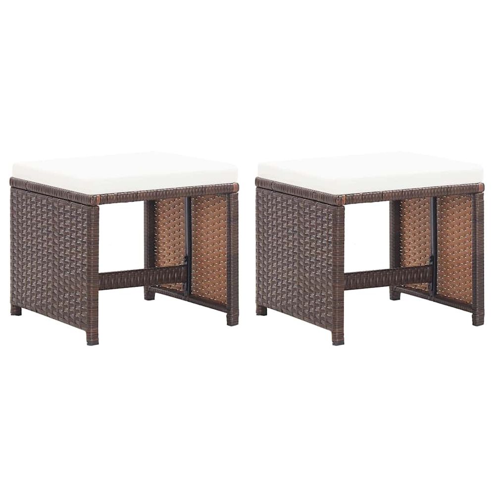 Tabourets de jardin lot de 2 et coussins résine tressée marron