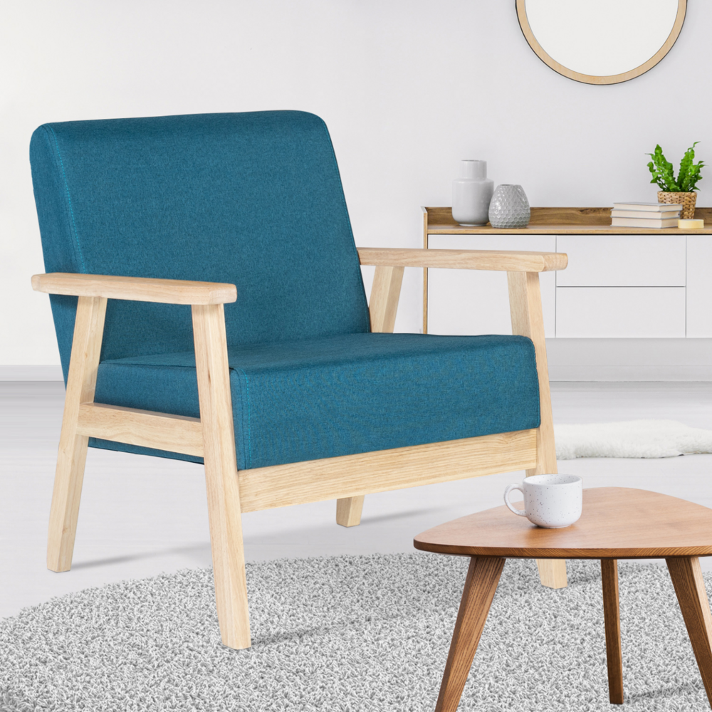 Fauteuil scandinave anders en tissu bleu canard