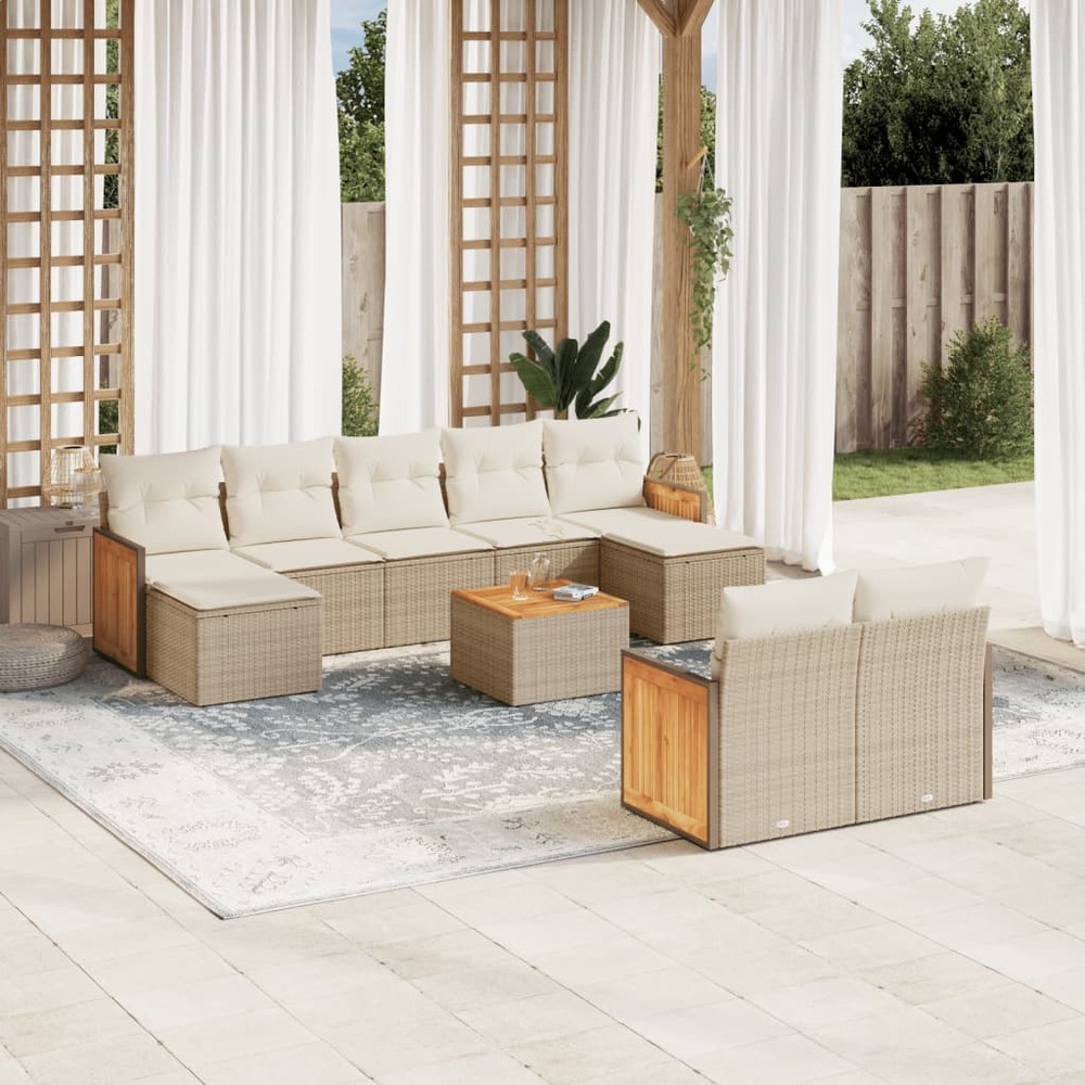 Salon de jardin avec coussins 10 pcs beige résine tressée
