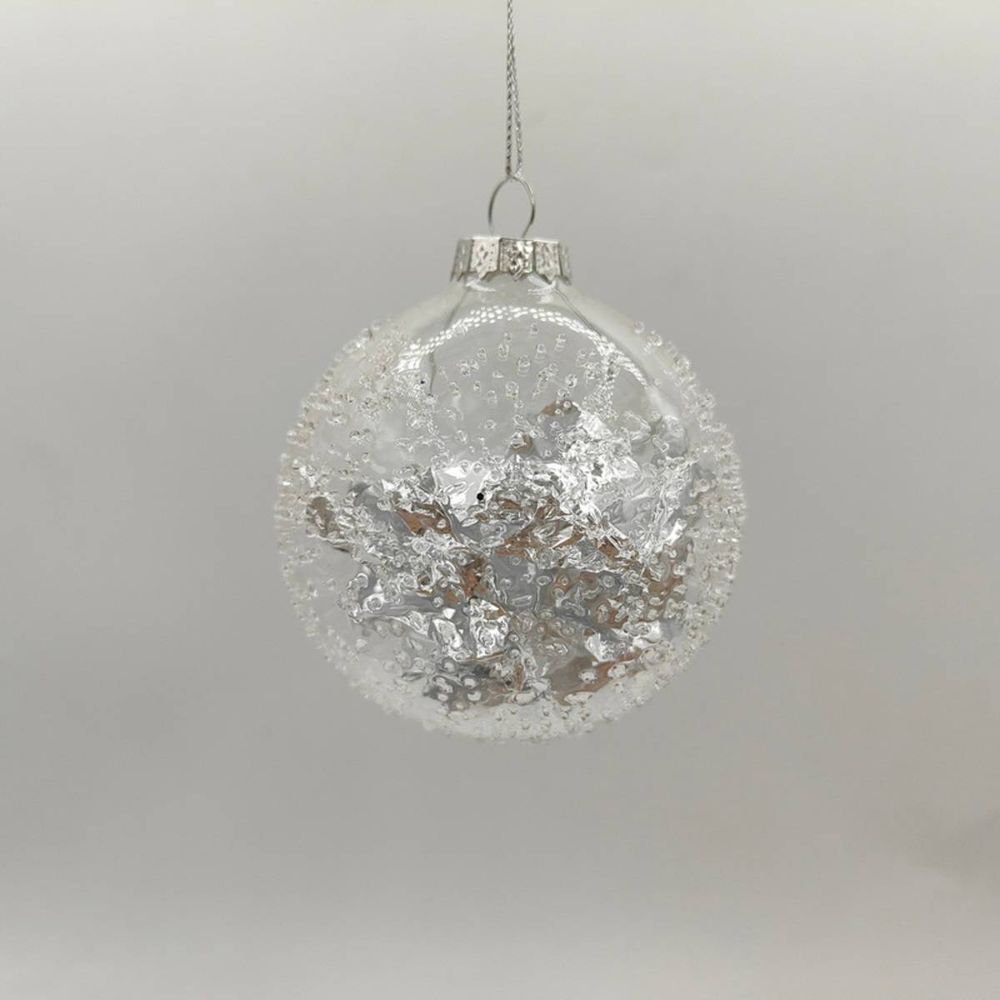 Boule de noël en verre argentée effet picots intérieur d. 80 mm