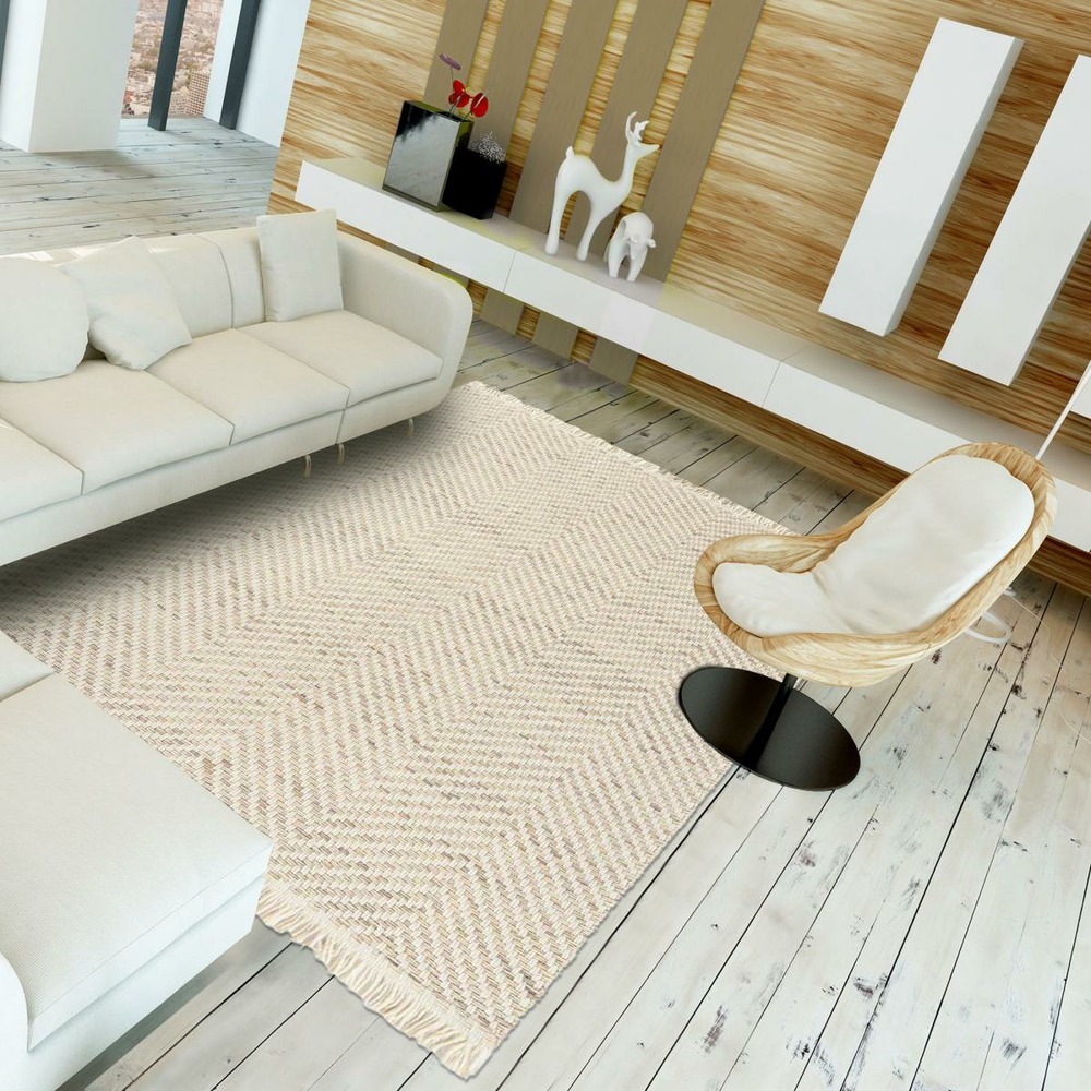 Tapis kilim 200x280 rectangle tissé en laine beige motif géométrique twill