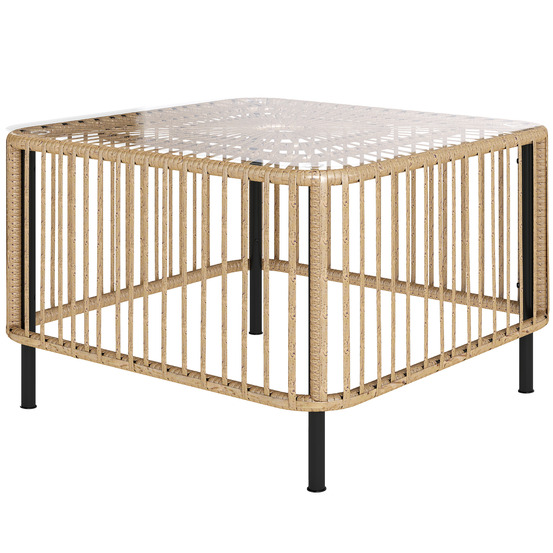Table de jardin carrée en polyrotin 65x65x43cm, plateau en verre, bois naturel, résistante aux intempéries