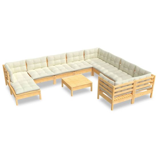 Salon de jardin 11 pcs avec coussins crème bois de pin