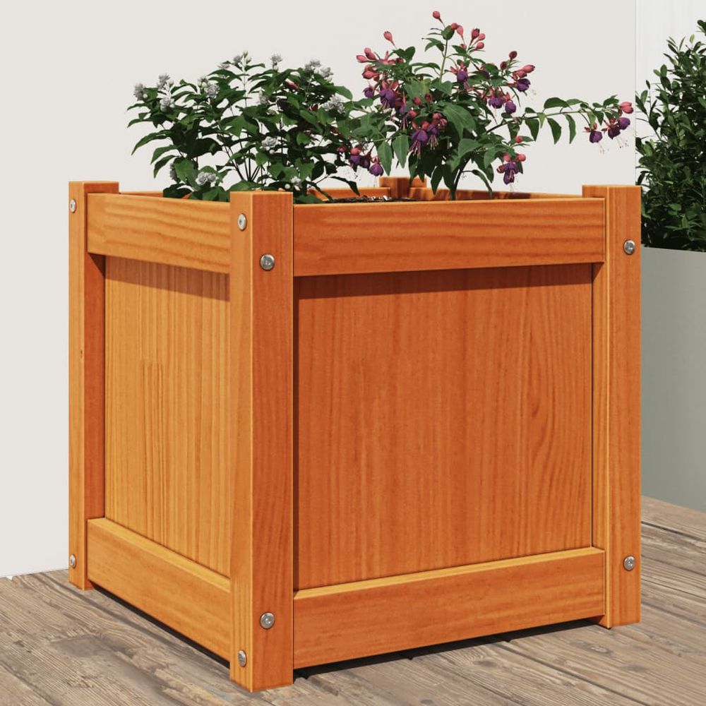 Grand pot de fleurs carré en pin massif ciré marron 40 cm