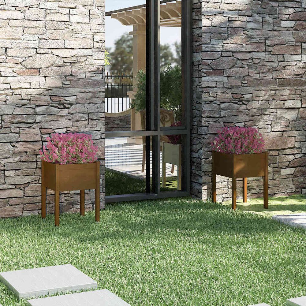 Lot de 2 grandes jardinières hautes en pin marron miel 50x50x70 cm