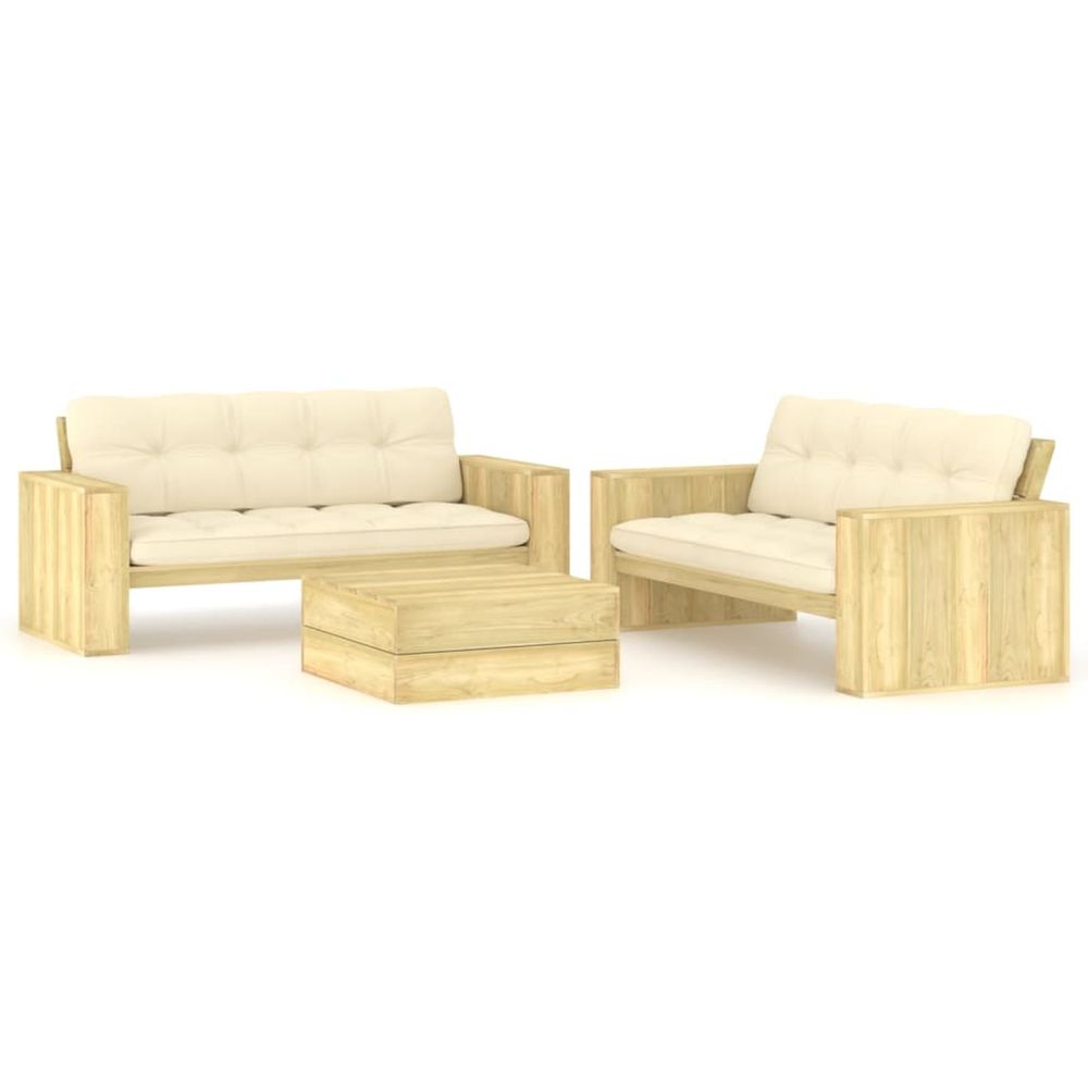 Salon de jardin 3 pcs avec coussins bois de pin imprégné
