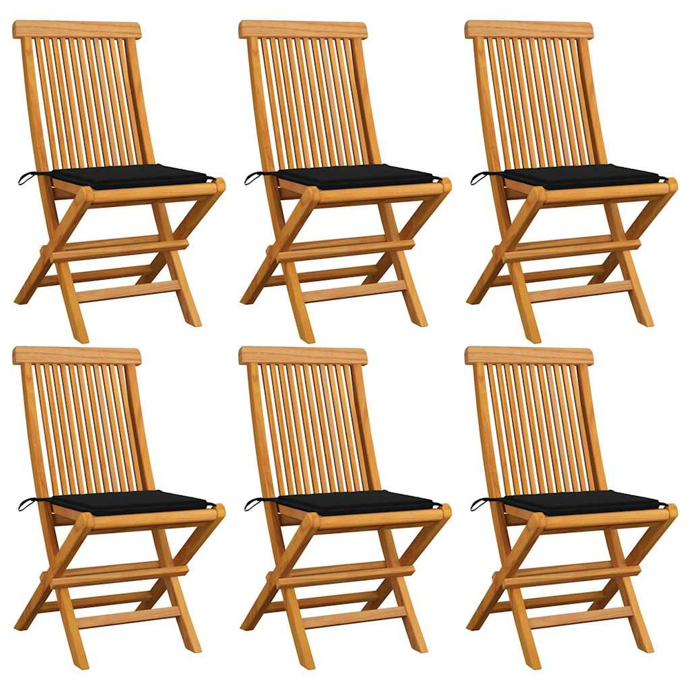 Chaises de jardin et coussins noir lot de 6 bois de teck massif