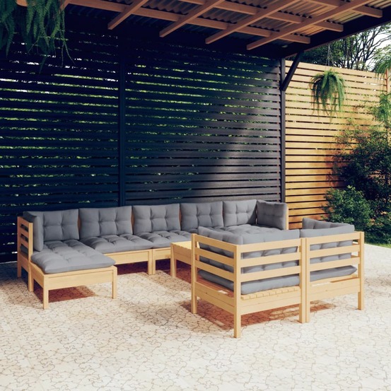Salon de jardin 10 pcs avec coussins gris bois de pin massif