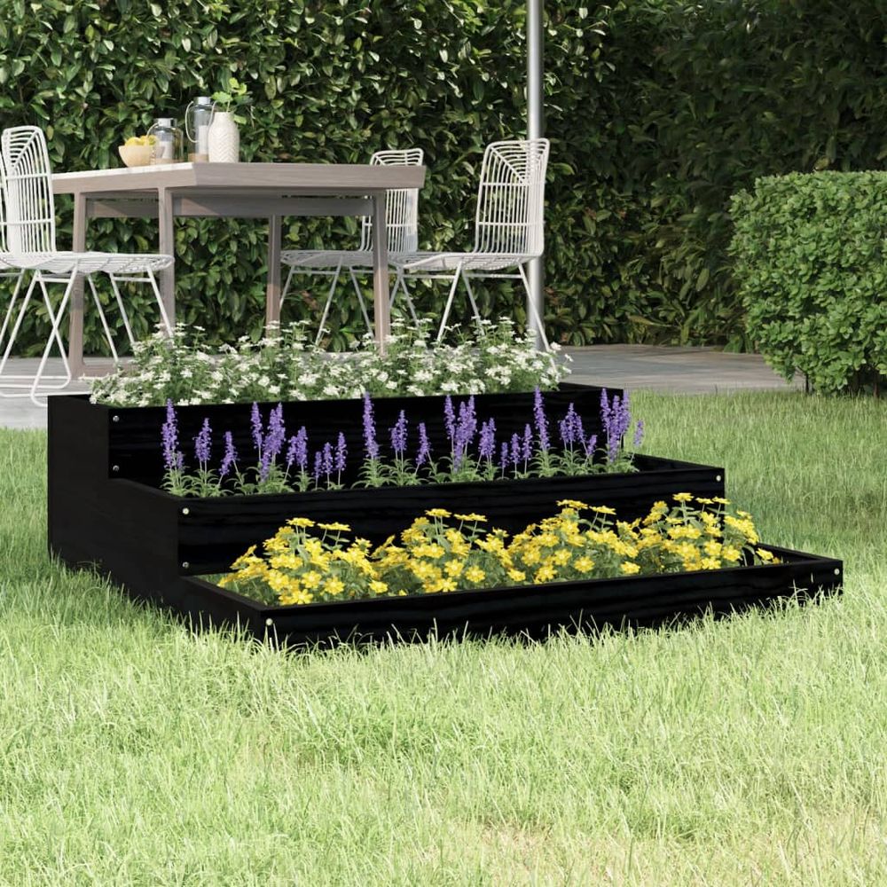 Jardinière carrée 3 niveaux 78x78 cm pour terrasse pin massif noir