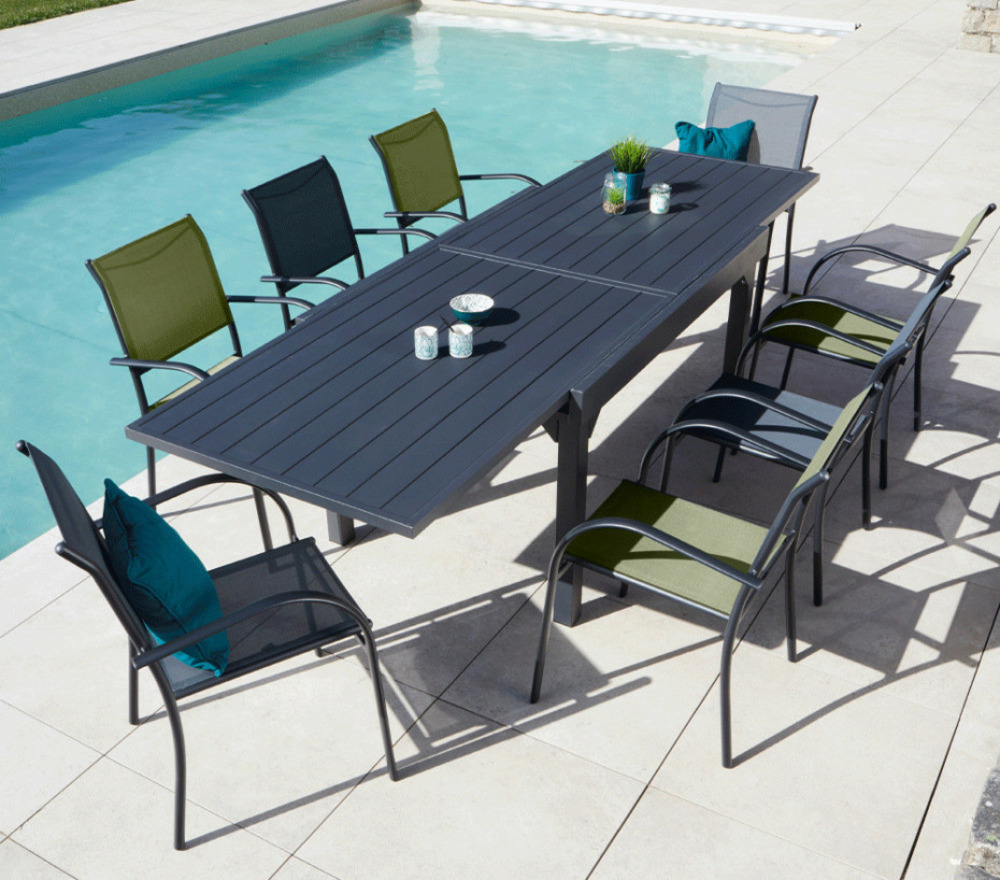 Ensemble table et chaises de jardin - 8 places - gris anthracite et vert sauge - honfleur xl beziers