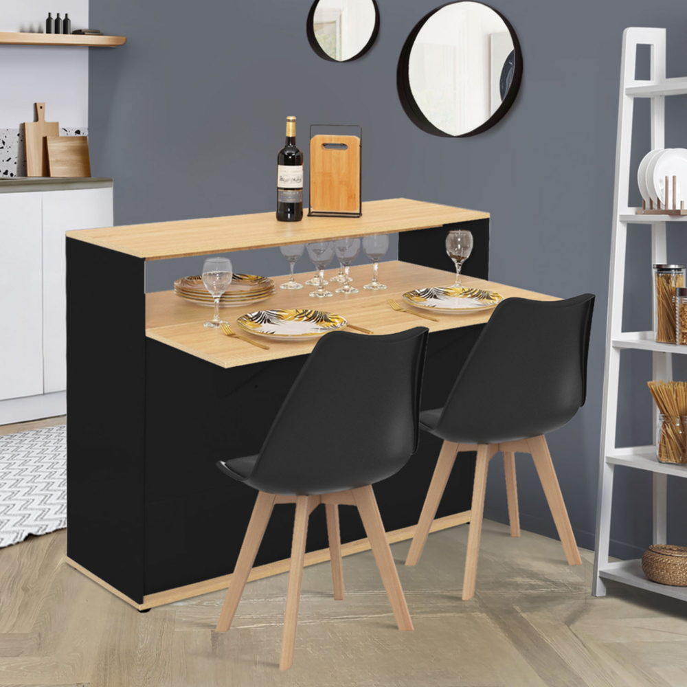 Meuble de bar extensible en table à manger 2 personnes vito noir et plateau bois