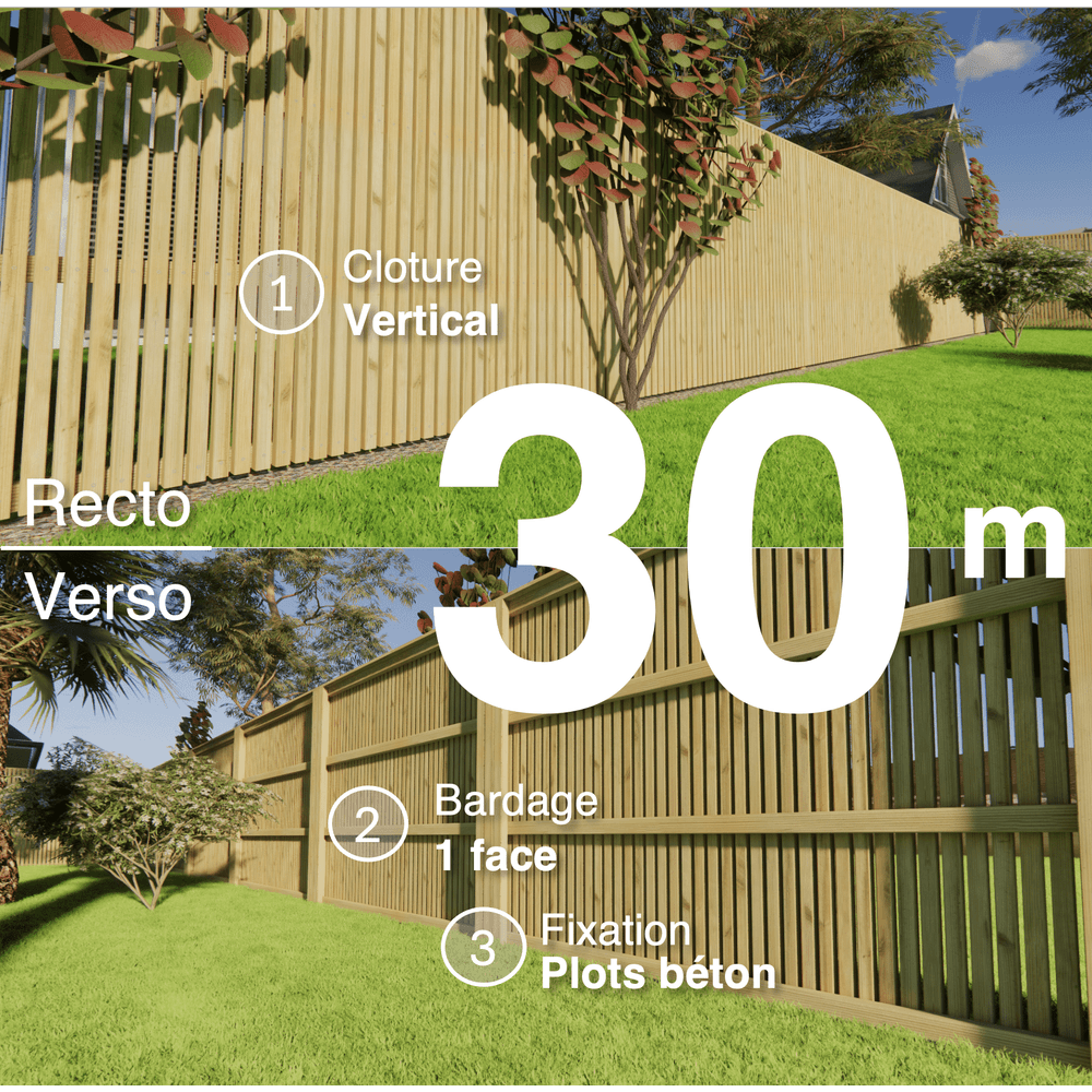 Kit clôture bois moderne 30m – h 1,9m – 45 x 45 mm autoclave – pose vertical – simple face – à sceller