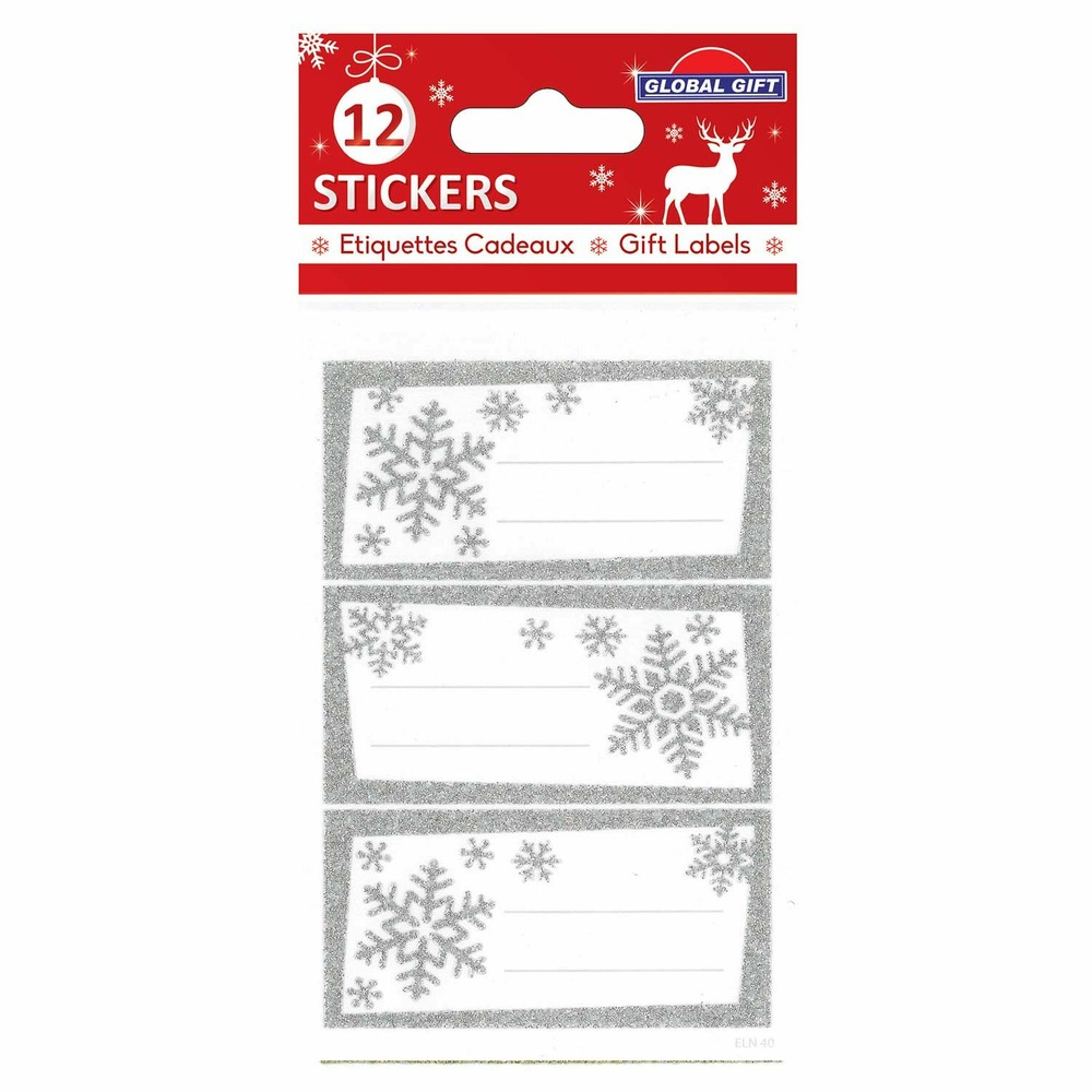 12 étiquettes adhésives de noël - flocons argentés à paillettes