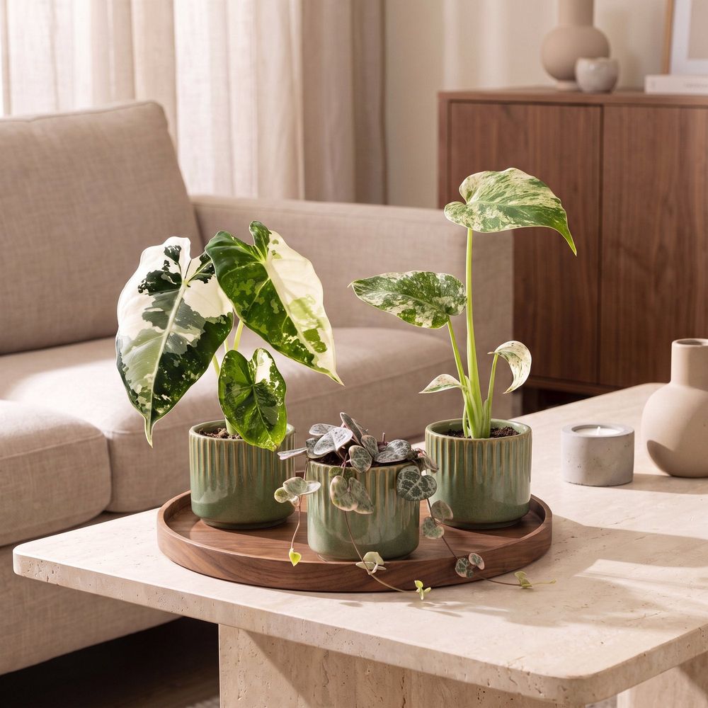 Lot de bébés plantes panachées : alocasia frydek, monstera mint et ceropegia - pot de 6cm - plantes d'intéri - vert olive - lot de 6