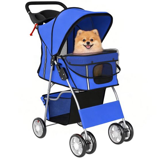 Poussette chien pliable acier et oxford promenade citadine porte gobelet bleu