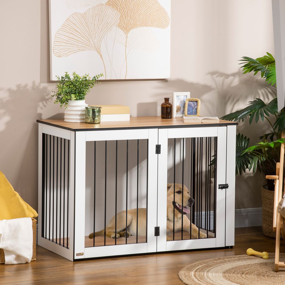 Meuble cage chien intérieur bois métal design table salon 106cm