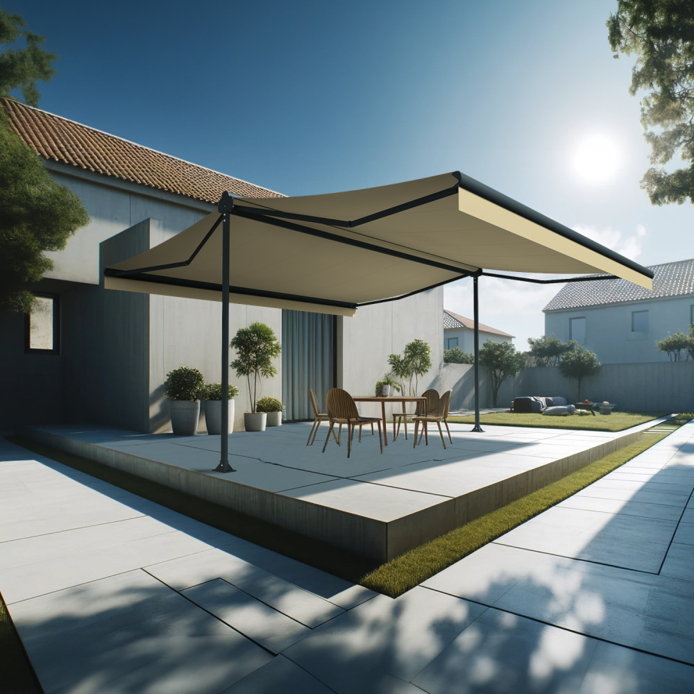 Store banne double pente enargite 6,00x2x3,00 m (motorisé à télécommande - gris anthracite stucturé ral7016st - écru)