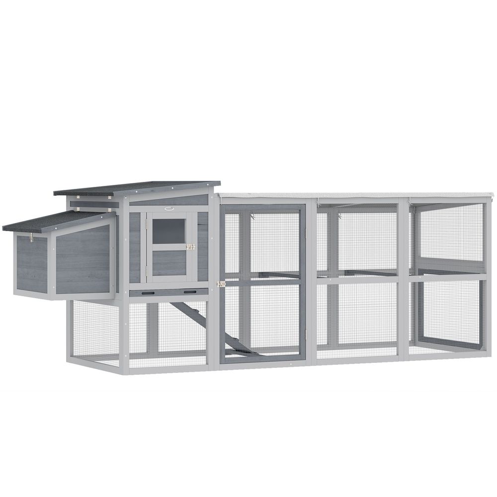 Poulailler bois 264 x 82 x 89 cm gris pour 3 à 4 poules avec enclos et pondoir