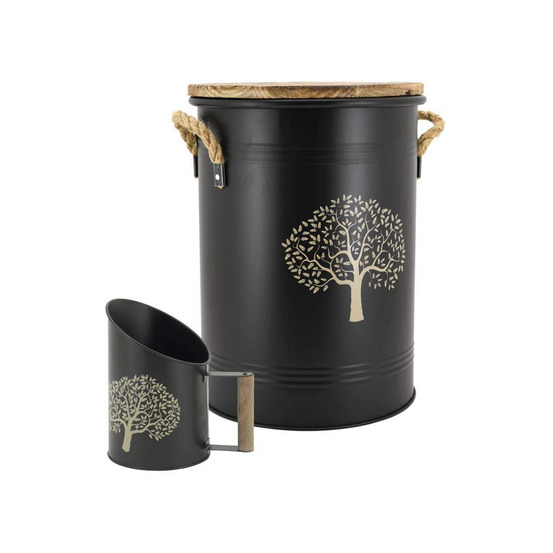Tabouret et seau à pellets avec pelle arbre métal laqué arbre de vie