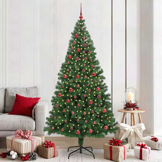 Arbre de noël artificiel réaliste 210 cm vert, pack complet lumineux avec led et 120 boules