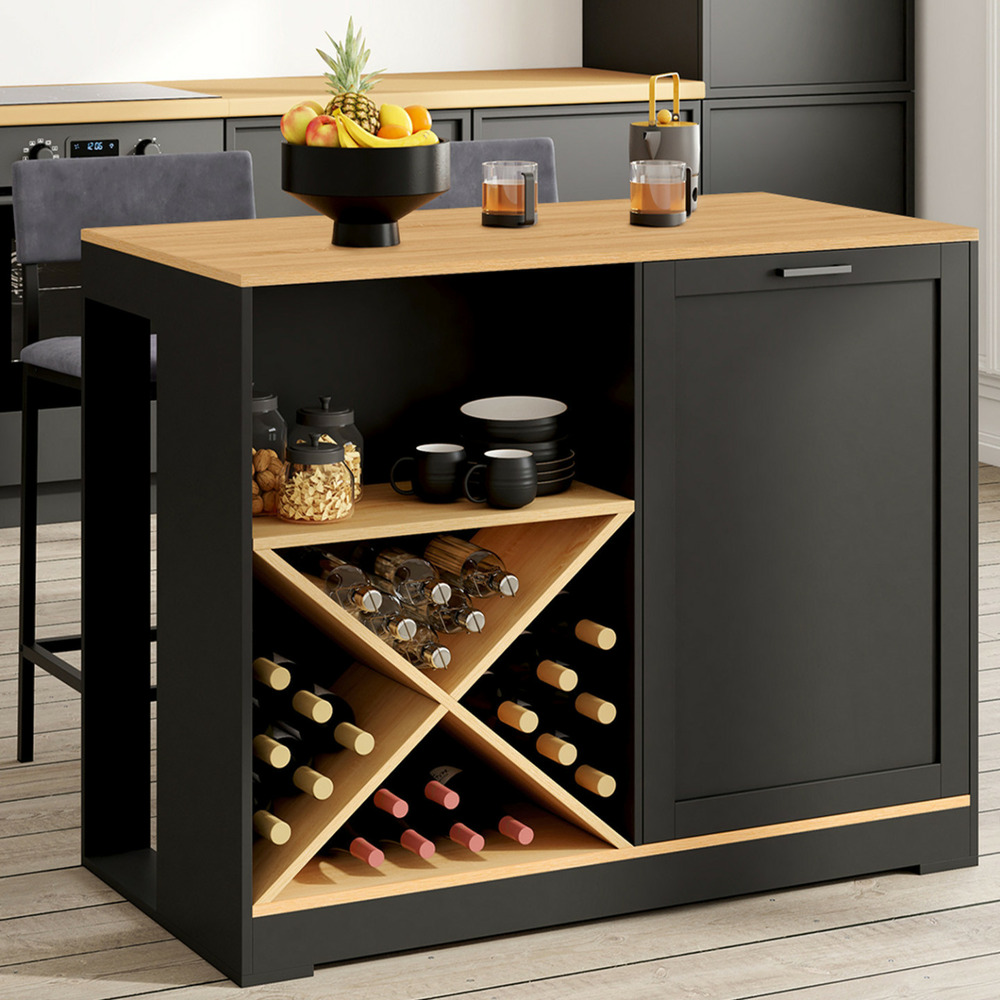 Table de bar îlot vito 113 cm avec range bouteilles bois noir et plateau façon hêtre
