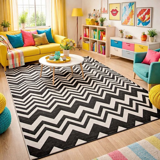 Tapis chambre 60x110 tissé noir rectangle motif géométrique lyn1 vagues