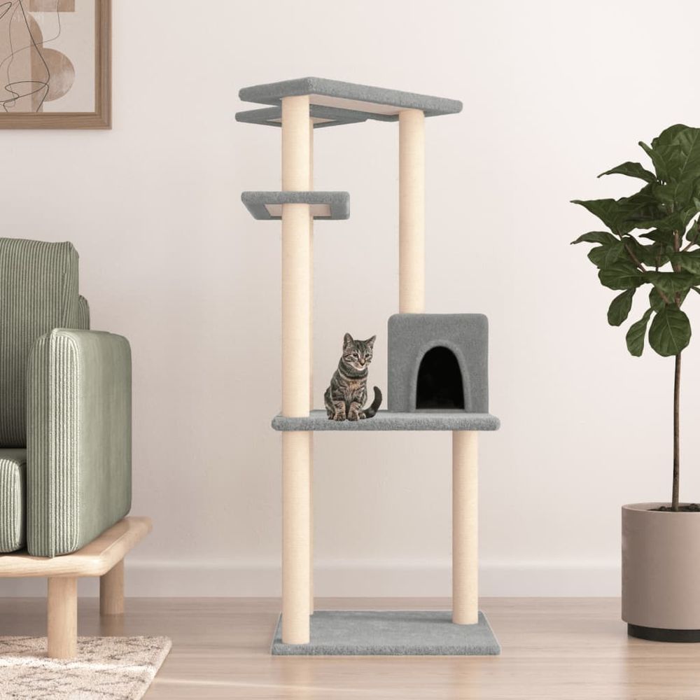 Arbre à chat 123 cm avec niche et plateformes griffoir gris clair
