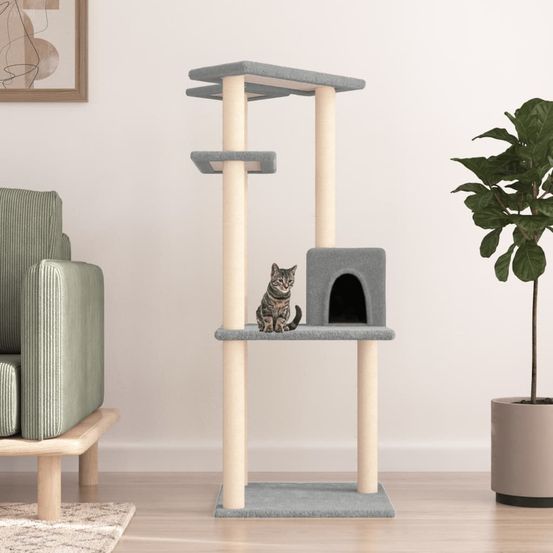 Arbre à chat 123 cm avec niche et plateformes griffoir gris clair