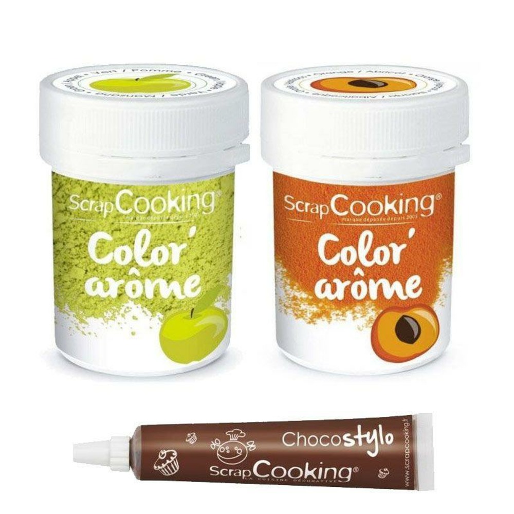 2 colorants alimentaires aux arômes de pomme & abricot + stylo chocolat