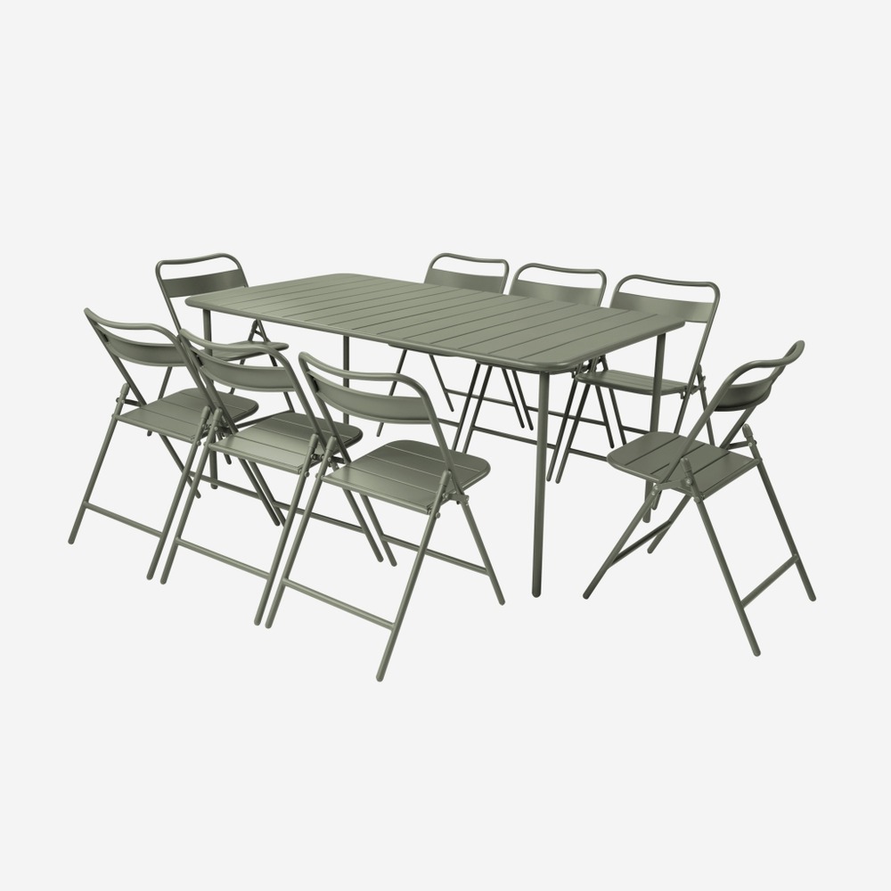 Table de jardin métal + 8 assises, amelia 160x90xh72.5cm