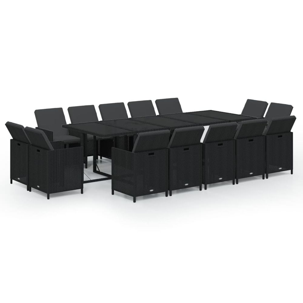 Ensemble à manger de jardin coussins 15 pcs résine tressée noir