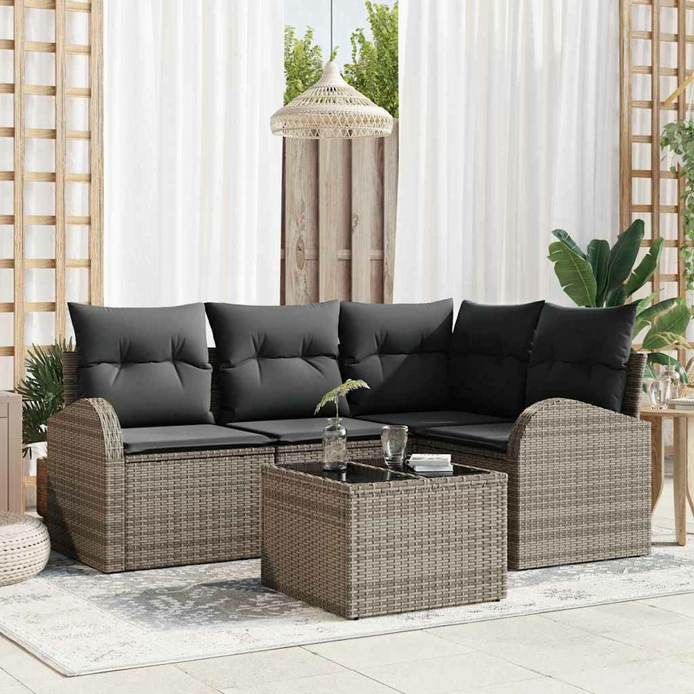 Ensemble de canapé de jardin avec coussin 5 pcs gris polyrotin