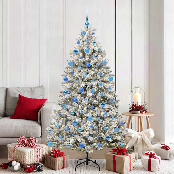 Sapin artificiel enneigé 180 cm prêt à poser avec décorations et lumières led