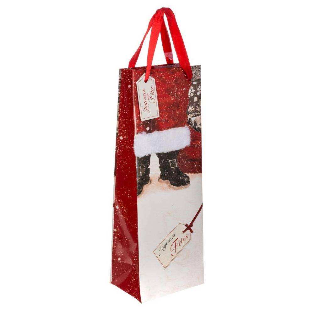 Sac cadeau imprimé taille bouteille père noël avec fourrure